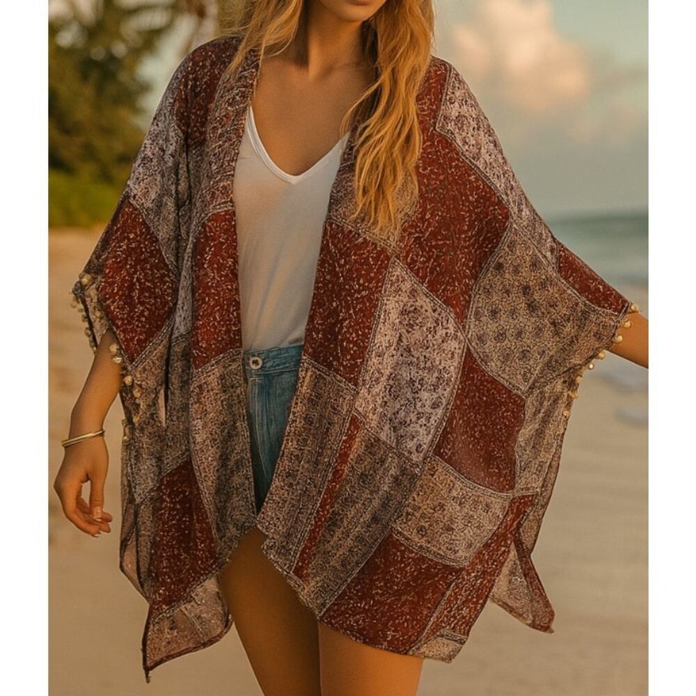 Umgee Red Paisley Floral Sheer Patchwork Kimono sz S/M Women’s Boho Gypsy Whimsi